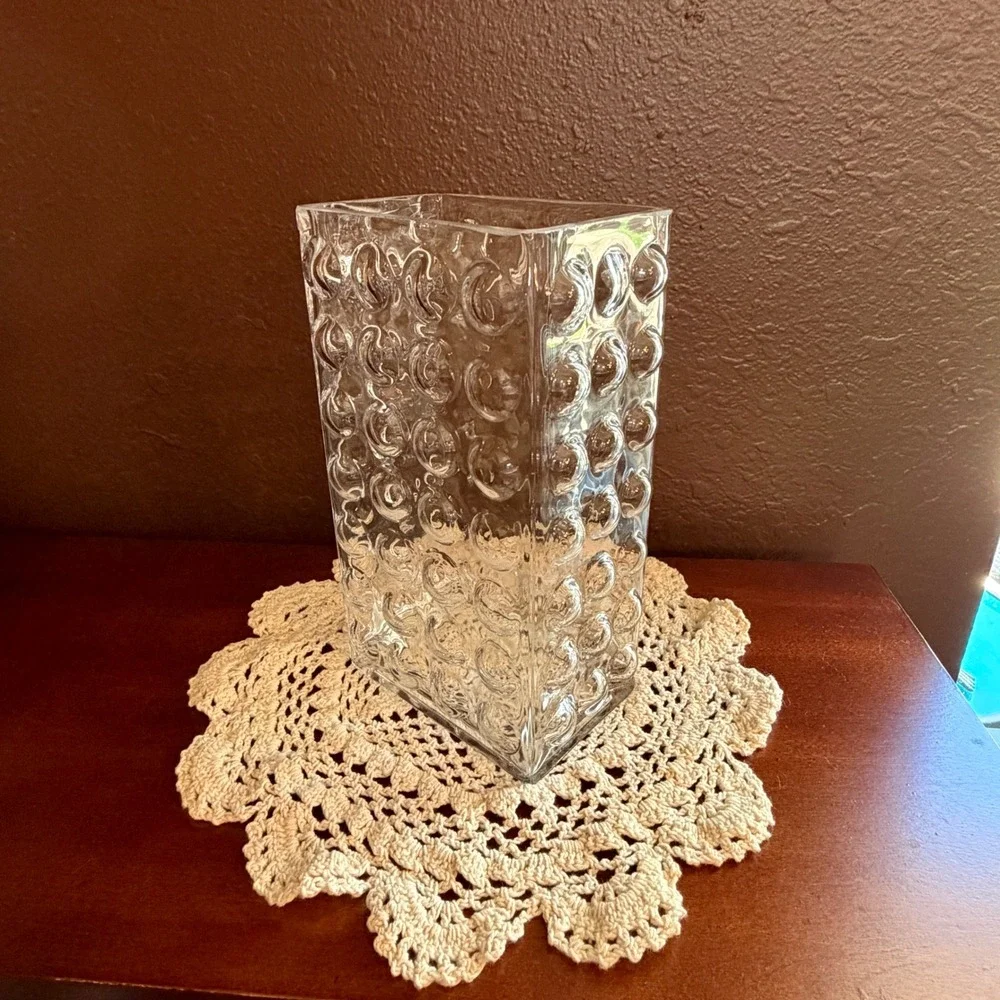 Vintage Rectangular Clear Glass Hobnail Bubble Texture Vase 8 Inch Tall MCM